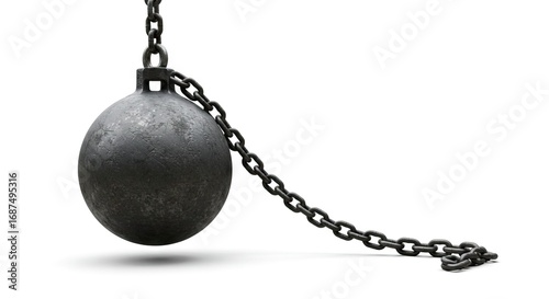 A heavy gray wrecking ball hangs from a chain against a white background