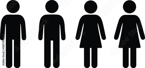 Male and female stickman silhouettes in simple pictogram design for people, gender symbols, restroom signs and universal icon usage