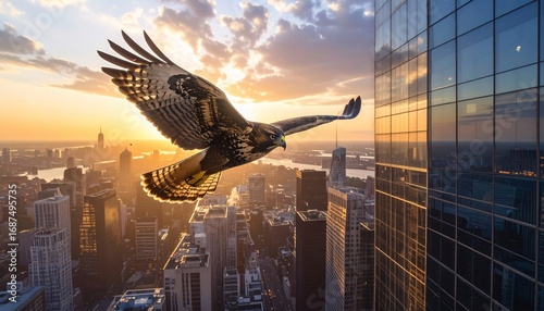 A majestic hawk soaring above a modern city at sunset amidst a stunning sky