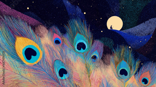 Vector background of peacock feathers under moonlit night sky for presentations and decorative design
