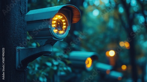 A row of security cameras mounted on trees, illuminated in the dark, suggesting surveillance and monitoring.