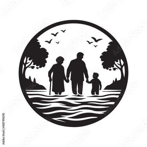 grandparents with kids vector silhouette clipart logo design illustration