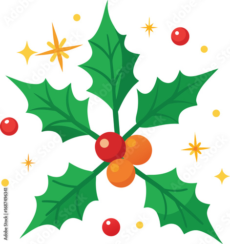 Festive Holly Berry Illustration with Sparkling Stars for Christmas Holiday Season