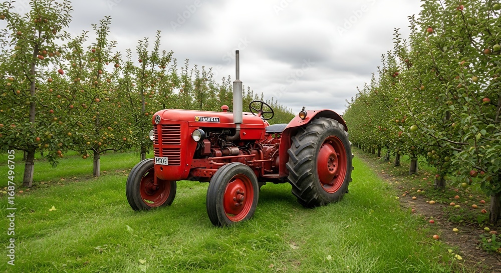 Obraz premium Red tractor in an orchard on a cloudy day.