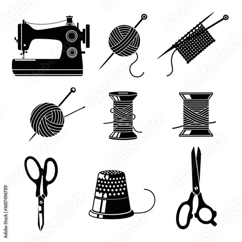 Crafting Textile Art Icon Set with Sewing Tools and Accessories  