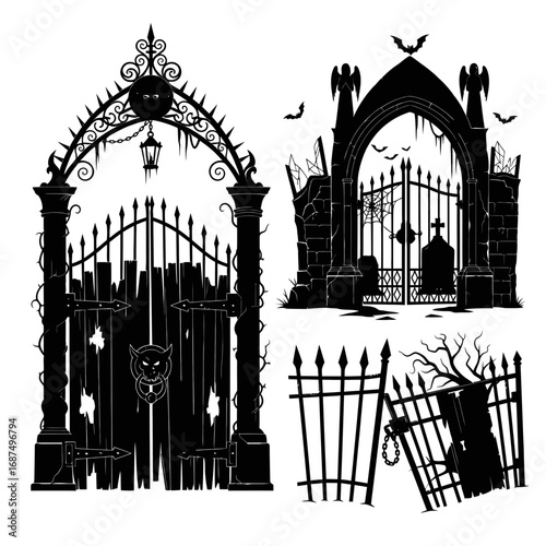 Creepy Icon Set of Graveyard Gates and Fences in Black  