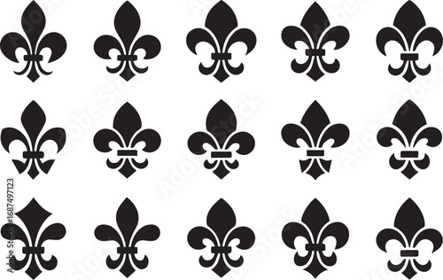 fifteen variations of fleur de lis vector symbols in black ornamental heraldry royalty pattern design set