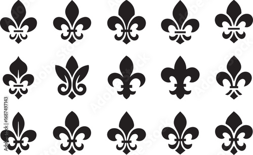 collection of fifteen black fleur de lis icon designs vector set for decorative heritage royal emblem motifs