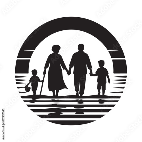grandparents with kids vector silhouette clipart logo design illustration