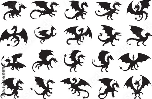 collection of 20 dragon silhouette vector icons medieval fantasy mythical winged beasts for graphic design and emblem use