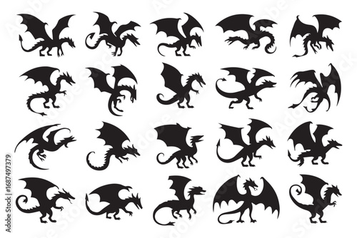 20 black dragon silhouette vector designs medieval fantasy mythical creatures with wings for logo illustration