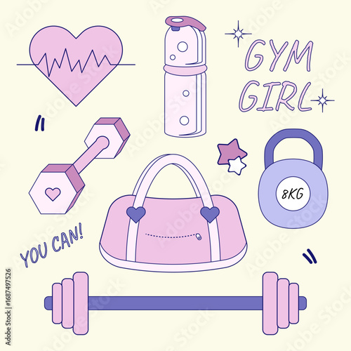 Vector Illustration of Fitness Woman in Gym Workout Pose set