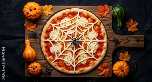 Halloween Pizza with Spider Web Cheese Design for Food Marketing