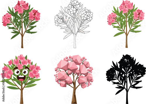 PrintFlowering Plant Illustration Styles Set Including Realistic, Line Art, Cartoon, Geometric, Silhouette for Botanical, Seasonal, Nature, and Art Concepts