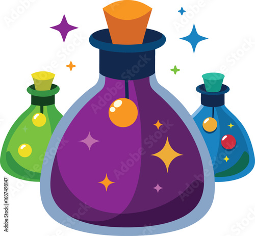 Colorful Magic Potion Bottles in a Bag Fantasy Illustration with Vibrant Colors and Whimsical Design Elements Perfect for Fantasy Themes