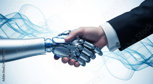Professional Handshake Between Human and Robot with Digital Blue Wave Background