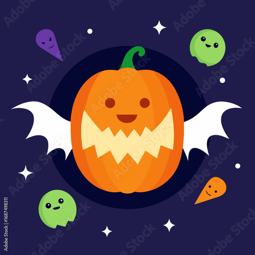 Cute Halloween Pumpkin with Bat Wings and Friendly Ghosts on a Dark Blue Night Sky Background Illustration