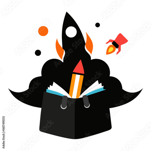 Creative Education Concept with Rocket Launching from Book and Pencil Representing Imagination and Learning Isolated on White Background