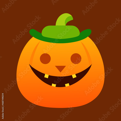 Cute Halloween Pumpkin with Green Hat on Brown Background Festive Autumn Holiday Illustration for Graphic Design and Creative Projects