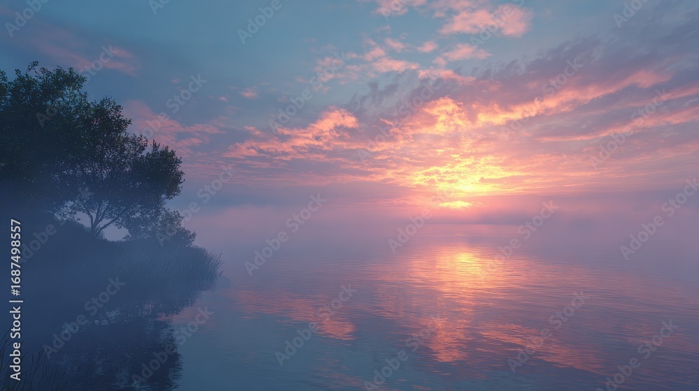 Obraz premium misty morning lake sunrise