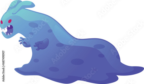 Blue underwater monster flat vector icon, slimy creature, creepy jaws and red eyes, cartoon sea ocean fantasy animal