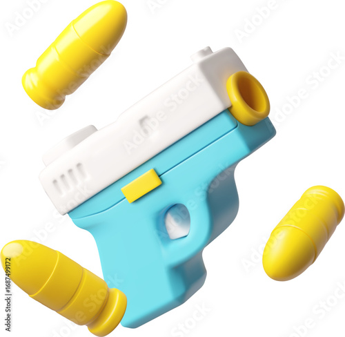Handgun with bullets 3D cartoon plastic style, game weapon blaster toy, vector render firearm, revolver gun
