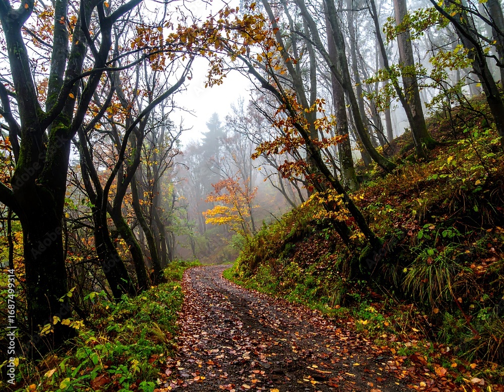 Obraz premium Autumnal forest path in the mist