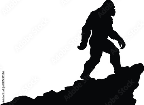 Silhouette of a Bigfoot walking on a mountain peak, featuring a tall, muscular figure of the mythical creature against a white background