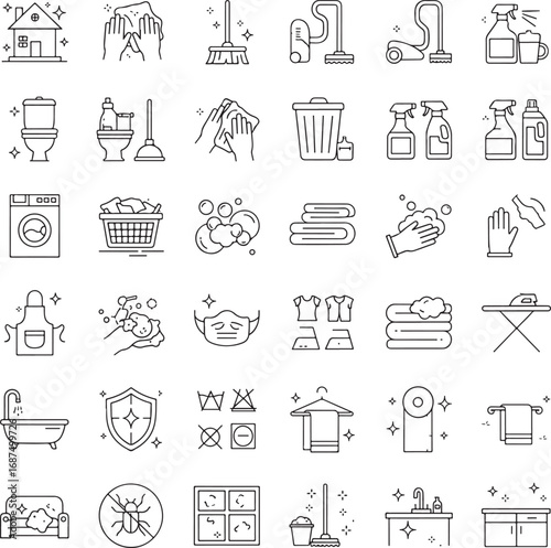 Cleaning and maintenance icons set – linear, outline, housekeeping and sanitation symbols