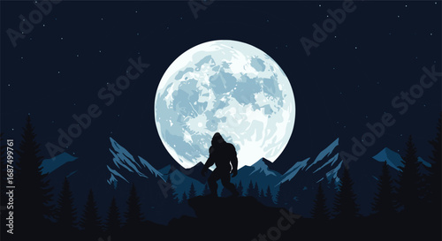 Bigfoot silhouette standing on a mountain under a full moon in the forest, with starry night sky, ideal for adventure and mystery themes.