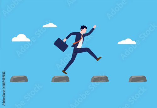 Businessman challenge - Determined and ambitious business person jumping over obstacle stepping stones with ambition of going forward overcome work problem. Flat design vector illustration
