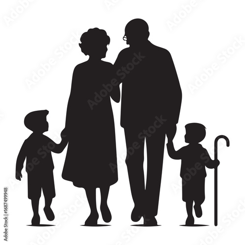 grandparents with kids vector silhouette clipart logo design illustration