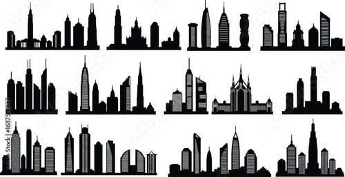 Vector silhouettes of various iconic skyscrapers and city skyline buildings, featuring famous architectural landmarks in a clean, minimalistic design on a white background.