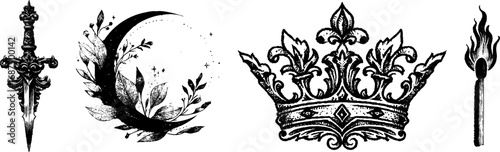 Vintage gothic illustrations of dagger, crescent moon with leaves, ornate crown, and burning matchstick. 