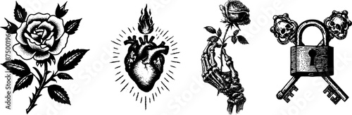Vintage halloween gothic illustrations of rose, sacred heart with flames, skeleton hand holding a rose, skull padlock with keys. 