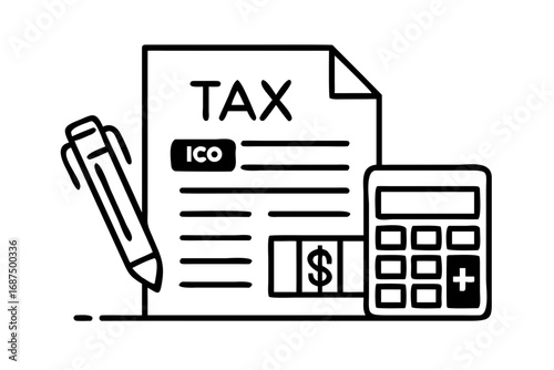 Tax form with calculator and pen
