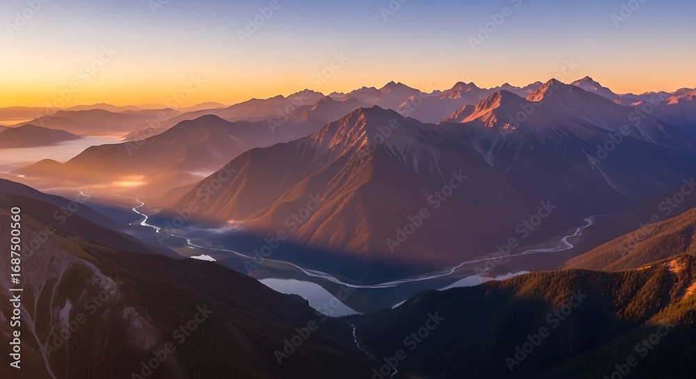 Fototapeta premium Sunrise Mountain Valley Panorama. (1)