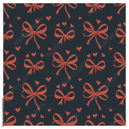 This charming seamless pattern features hand-drawn bows and heart shapes, delicately arranged against a dark background. The soft coral hues of the bows, paired with the subtle heart accents.