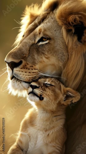Close-up video still of a lion and cub in warm light, showcasing tender bonding. Side angle captures the majestic and serene moment. Live mobile wallpaper.