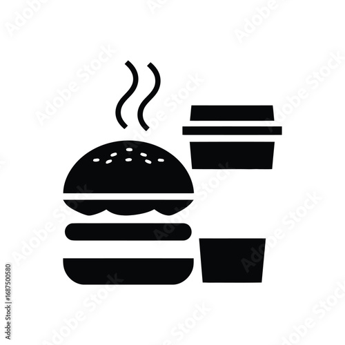 Illustration of a burger with steam and a drink in a cup on a white background in black and white style