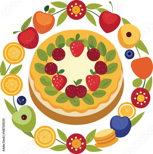 Vector illustration of delicious pancakes arranged in a circular wreath decorated with fruits and flowers vector