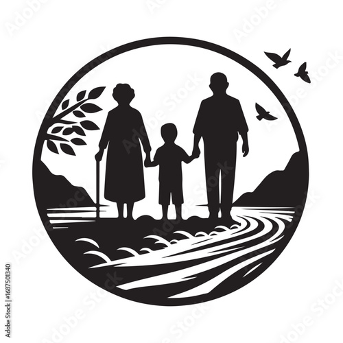 grandparents with kids vector silhouette clipart logo design illustration