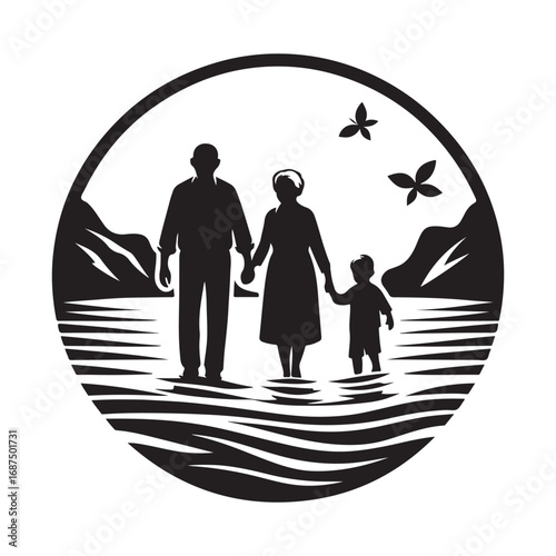 grandparents with kids vector silhouette clipart logo design illustration