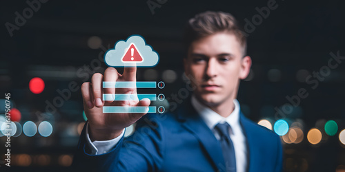 Businessman interacts with futuristic cloud warning interface for digital security alerts and data management.