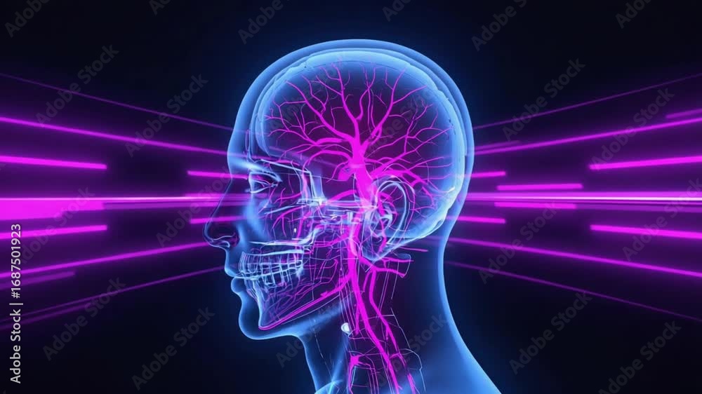 Translucent Brain Animation Cinematic translucent human head dark futuristic void, glowing neon ...