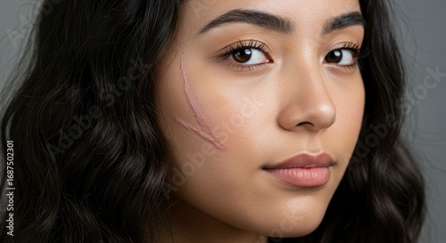 A woman with dark hair faces forward a prominent scar visible on her cheek
