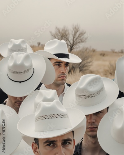 Group of individuals wearing white hats, standing in a natural outdoor setting with a barren landscape in the background.
