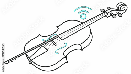 Outline drawing of a violin with a bow and a wifi symbol above it on a white background art