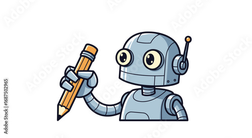Cartoon Robot Holding a Yellow Pencil Ready to Draw.