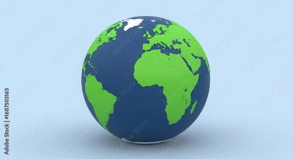 Fototapeta premium Stylized 3d globe model featuring continents and oceans with soft blue backdrop representing earth and global concepts